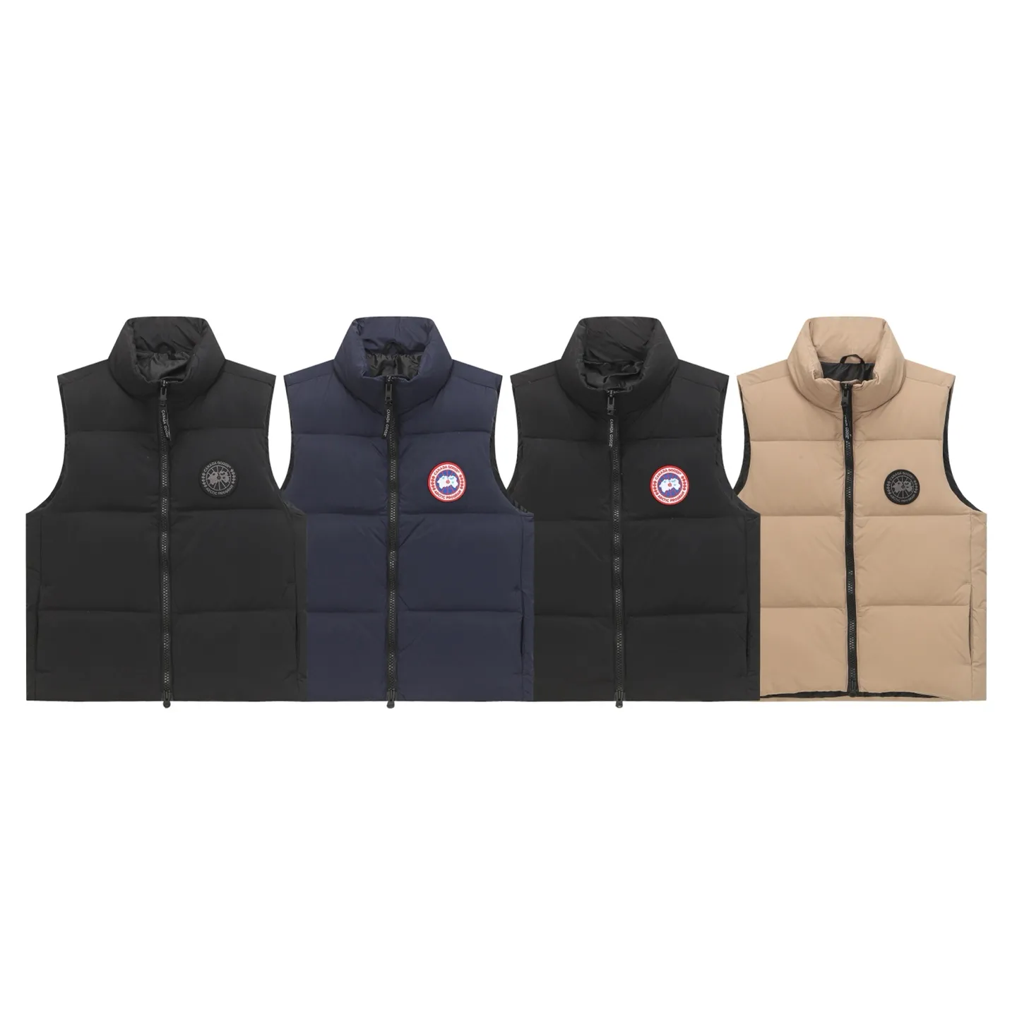 P560 Canada gooes Lawrence down vest (high version) The Lawrence down vest features a durable shell and quilted body, making it a must-have item for all seasons. The fabric has a durable soft touch. Longer hem at back for added protection. Reflective double-stripe grip tape at back. The Lawrence features an engineered down-filled collar to block strong winds, a two-way front zip and a longer rear hem.  Color: black with red label, black with black label, desert color, ocean blue Size: XS-2XL